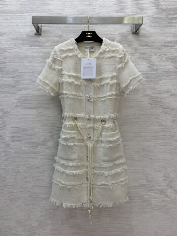 25SS Pearl flower buckle waist drawstring cinching design buckle open collar short sleeved dress