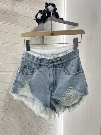 25SS Splicing denim shorts with holes