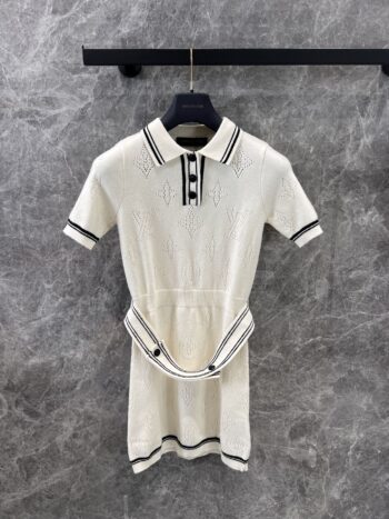 25SS Floral college style knitted polo collar short sleeved dress