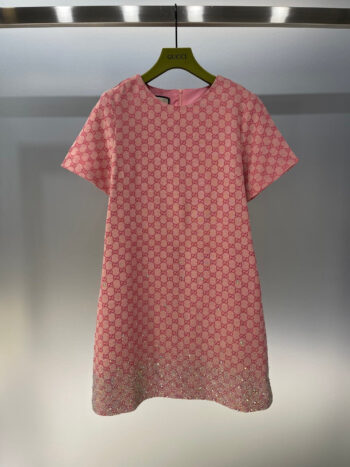 Sparkling luxury crystal diamond GG monogram jacquard short-sleeved dress