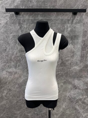D 25 Monogrammed Embroidered Cotton Ribbed False Two Piece Asymmetric Tank Top