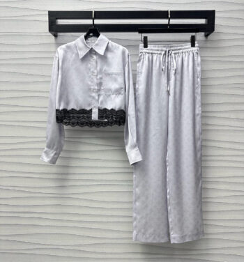 2025 New Lace Print Lapel  Drawstring Straight Pants