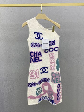 Logo jacquard sloping shoulder vest dress