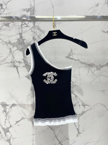 25ss Color blocked diagonal shoulder sleeveless ice silk knit