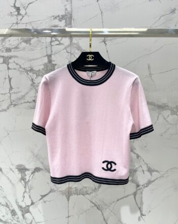 25 Chanel contrast color embroidered logo comfortable elastic versatile knitted short sleeves