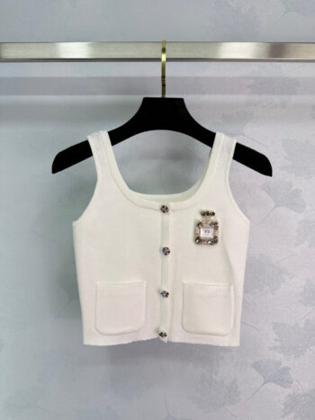 Chanel 2025 spring and summer new white perfume bottle sticker diamond knitted camisole