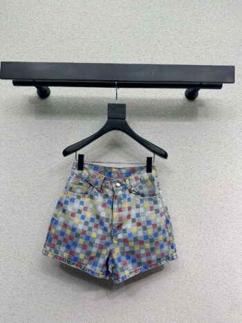 Colorful plaid denim shorts