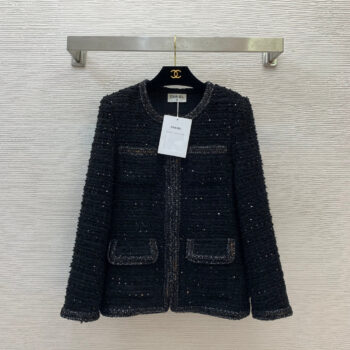 25ss Fried Dough Twists hemmed sequin blended woven tweed small fragrance round neck long sleeve coat