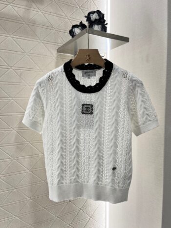 25SS Micro transparent contrasting knitted short sleeved shirt